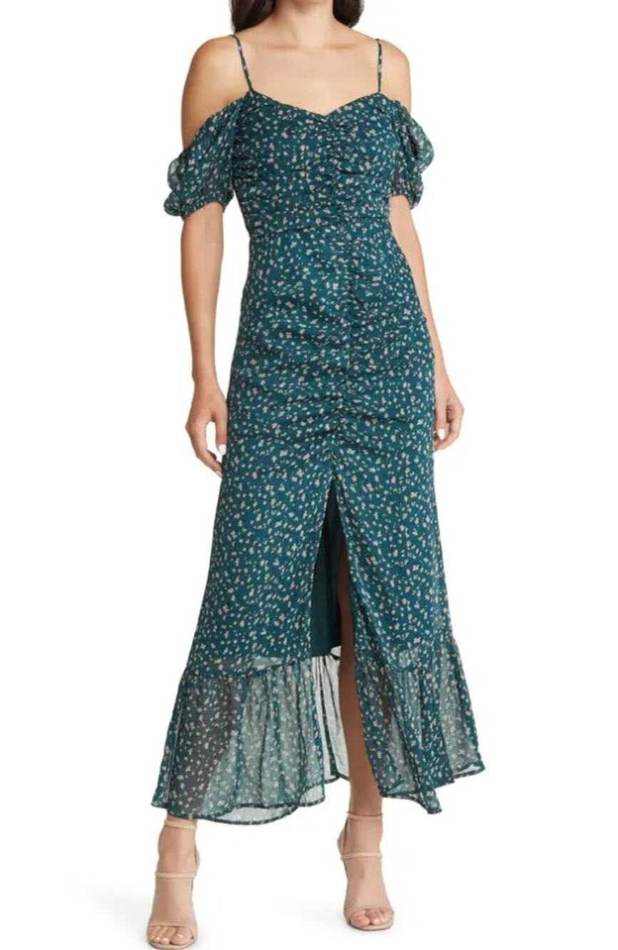 WAYF Nyla Floral Ruched Midi Dress Pine Green Ditsy Floral Puff Sleeve Romantic